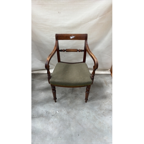 202 - Victorian mahogany open armchair with scroll arms, turned spindle back rail, upholstered seat and re... 