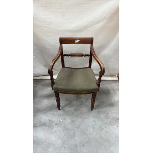202 - Victorian mahogany open armchair with scroll arms, turned spindle back rail, upholstered seat and re... 