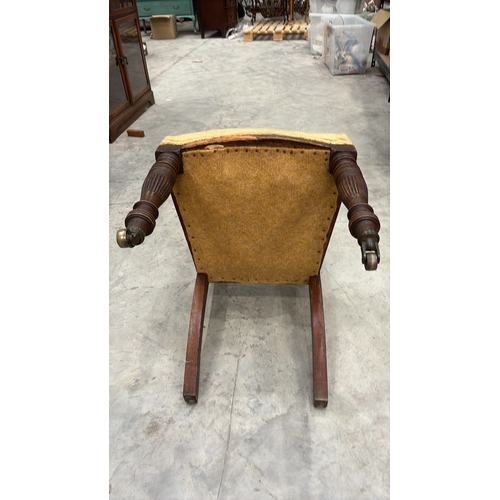 203 - Carved walnut side chair, late Victorian, serpentine crest with foliate and griffin relief, padded b... 