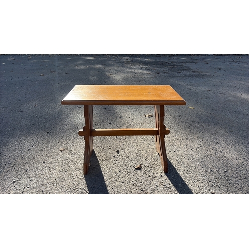 212 - Small rectangular wooden footstool or low side table, trestle-style legs with cut-out detail and cen... 