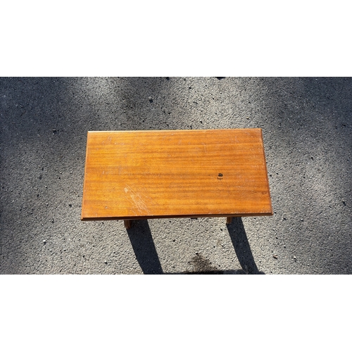 212 - Small rectangular wooden footstool or low side table, trestle-style legs with cut-out detail and cen... 