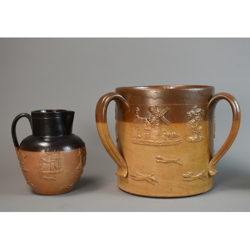 228 - A large 19th century Doulton Lambeth stoneware three handled Tyg, together with a similar Jug.