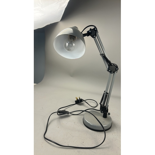 101 - Adjustable articulated metal desk lamp with grey enamel shade, spring-balanced arm and weighted circ... 