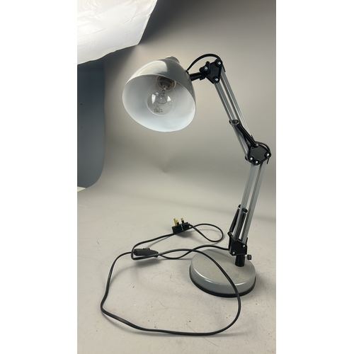 101 - Adjustable articulated metal desk lamp with grey enamel shade, spring-balanced arm and weighted circ... 