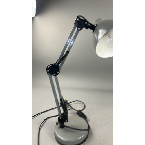 101 - Adjustable articulated metal desk lamp with grey enamel shade, spring-balanced arm and weighted circ... 