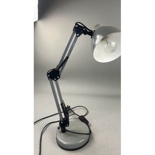 101 - Adjustable articulated metal desk lamp with grey enamel shade, spring-balanced arm and weighted circ... 