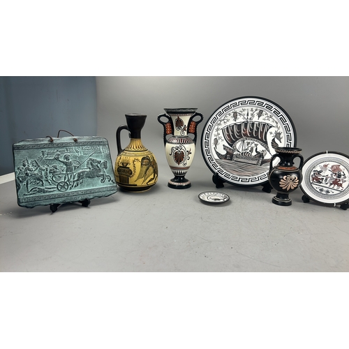 102 - Collection of seven modern Greek souvenir pieces comprising three painted amphora-form vases, two ci... 