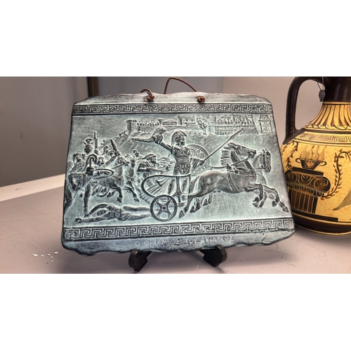 102 - Collection of seven modern Greek souvenir pieces comprising three painted amphora-form vases, two ci... 