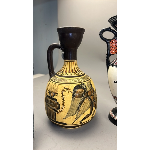 102 - Collection of seven modern Greek souvenir pieces comprising three painted amphora-form vases, two ci... 