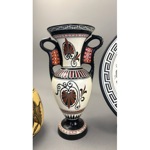 102 - Collection of seven modern Greek souvenir pieces comprising three painted amphora-form vases, two ci... 
