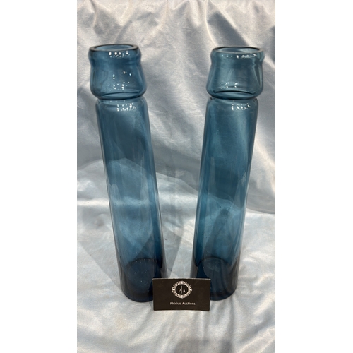 112 - Pair of vintage Maria Karin’s for Ikea tall cylindrical blue glass vases, each with subtly flared ri... 