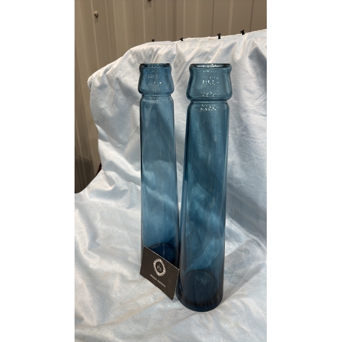 112 - Pair of vintage Maria Karin’s for Ikea tall cylindrical blue glass vases, each with subtly flared ri... 
