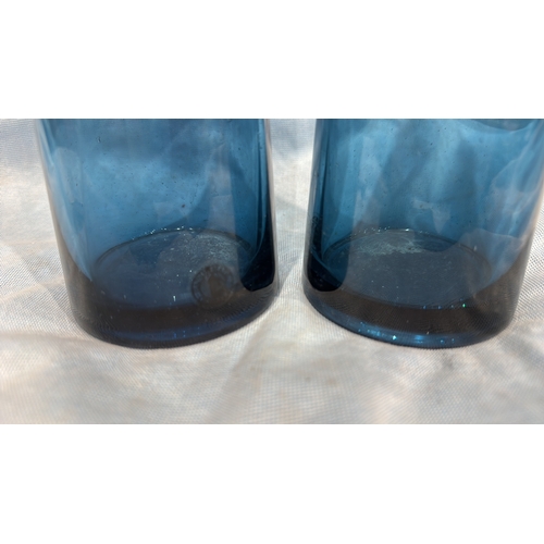 112 - Pair of vintage Maria Karin’s for Ikea tall cylindrical blue glass vases, each with subtly flared ri... 