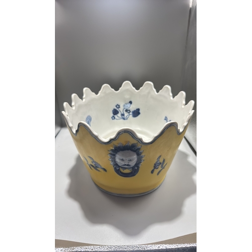 127 - Large Chinese Monteith, Scallop-rim porcelain bowl with yellow ground, cobalt blue floral and mask c... 