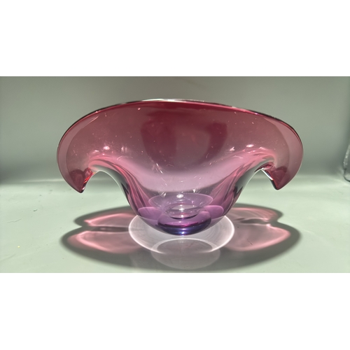 129 - Murano. Poss Archimede Seguso Mid-century clam shell bowl, thick-walled glass shading from cranberry... 
