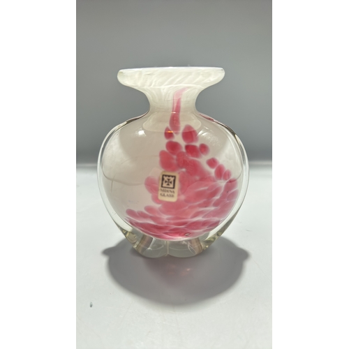 133 - Mdina Glass studio art vase, clear-cased with internal pink and white trailing, squat globular body,... 