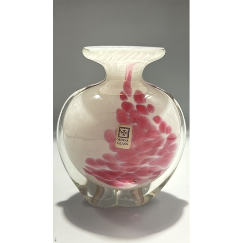 133 - Mdina Glass studio art vase, clear-cased with internal pink and white trailing, squat globular body,... 