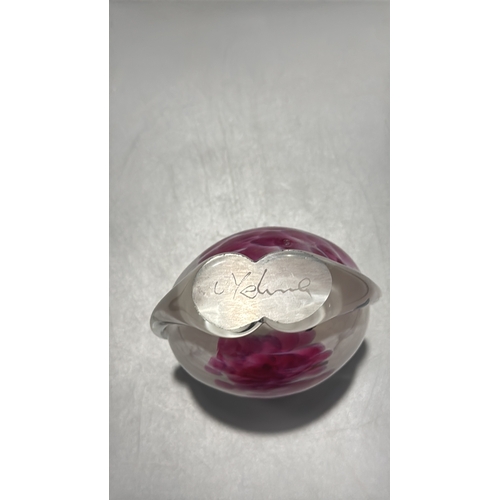 133 - Mdina Glass studio art vase, clear-cased with internal pink and white trailing, squat globular body,... 