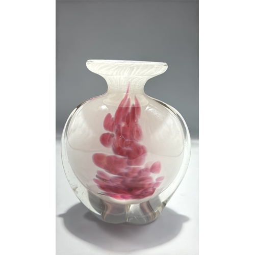 133 - Mdina Glass studio art vase, clear-cased with internal pink and white trailing, squat globular body,... 