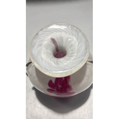 133 - Mdina Glass studio art vase, clear-cased with internal pink and white trailing, squat globular body,... 