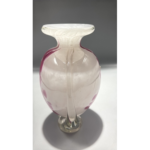 133 - Mdina Glass studio art vase, clear-cased with internal pink and white trailing, squat globular body,... 