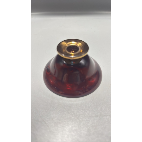 136 - Ruby red Italian glass miniature pedestal bowl, richly gilt with scrollwork and applied polychrome e... 