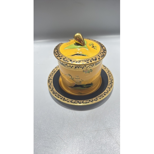 137 - Carlton Ware preserve pot and matching saucer, hand-painted pagoda, tree and landscape chinoiserie, ... 