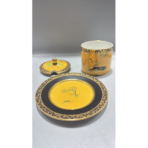 137 - Carlton Ware preserve pot and matching saucer, hand-painted pagoda, tree and landscape chinoiserie, ... 