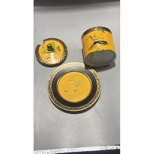 137 - Carlton Ware preserve pot and matching saucer, hand-painted pagoda, tree and landscape chinoiserie, ... 