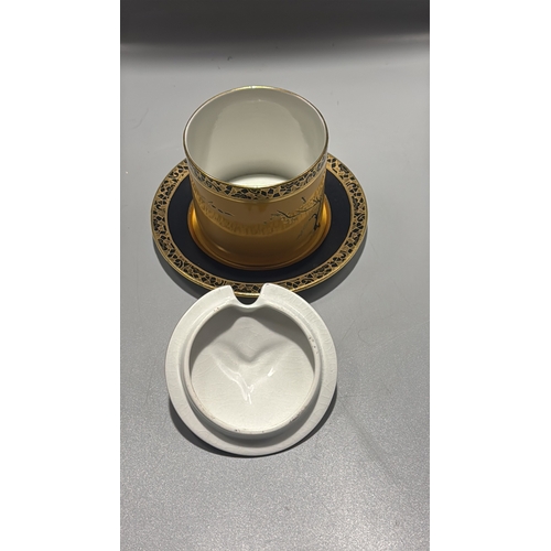 137 - Carlton Ware preserve pot and matching saucer, hand-painted pagoda, tree and landscape chinoiserie, ... 