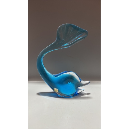 145 - Mid-Century Swedish blue blown-glass dolphin sculpture with curved tail fin, retaining “Made in Swed... 