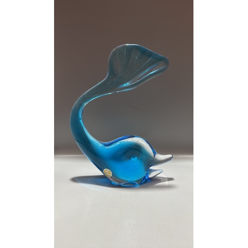 145 - Mid-Century Swedish blue blown-glass dolphin sculpture with curved tail fin, retaining “Made in Swed... 