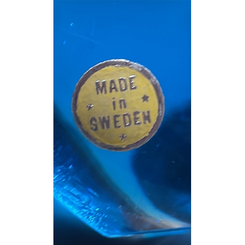 145 - Mid-Century Swedish blue blown-glass dolphin sculpture with curved tail fin, retaining “Made in Swed... 