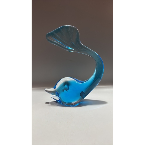 145 - Mid-Century Swedish blue blown-glass dolphin sculpture with curved tail fin, retaining “Made in Swed... 
