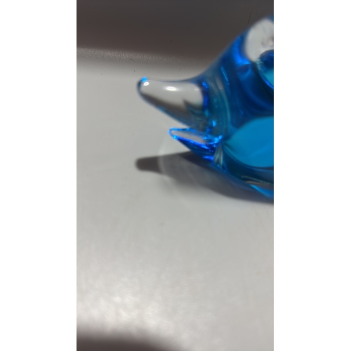 145 - Mid-Century Swedish blue blown-glass dolphin sculpture with curved tail fin, retaining “Made in Swed... 