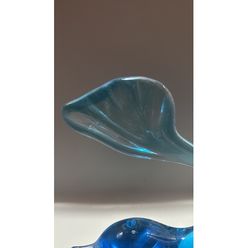 145 - Mid-Century Swedish blue blown-glass dolphin sculpture with curved tail fin, retaining “Made in Swed... 
