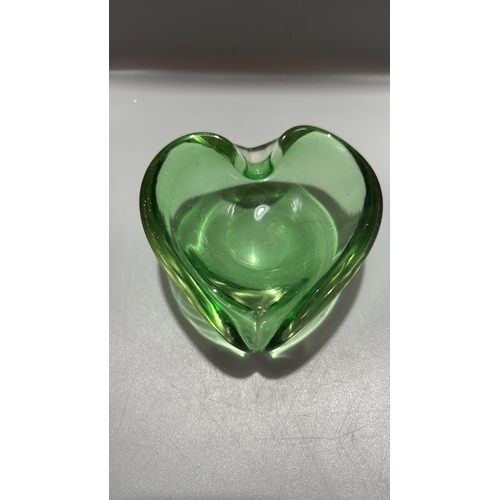 147 - Hand-blown heart-shaped green art glass dish with biomorphic folded rim, likely Murano, Mid-Century.