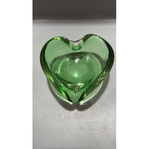 147 - Hand-blown heart-shaped green art glass dish with biomorphic folded rim, likely Murano, Mid-Century.