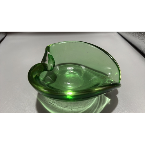 147 - Hand-blown heart-shaped green art glass dish with biomorphic folded rim, likely Murano, Mid-Century.