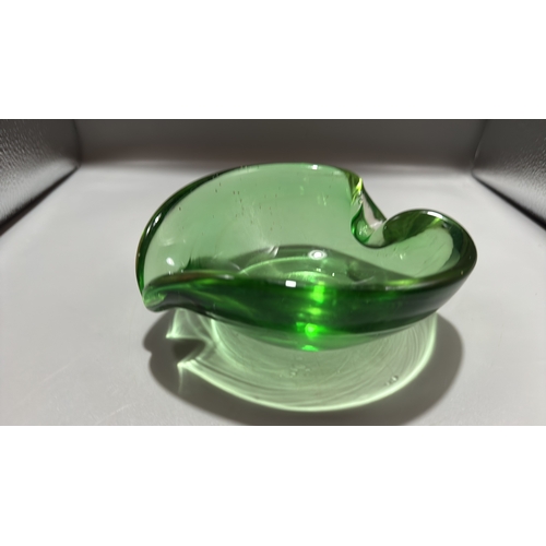 147 - Hand-blown heart-shaped green art glass dish with biomorphic folded rim, likely Murano, Mid-Century.