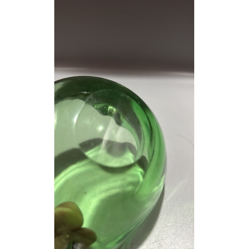 147 - Hand-blown heart-shaped green art glass dish with biomorphic folded rim, likely Murano, Mid-Century.