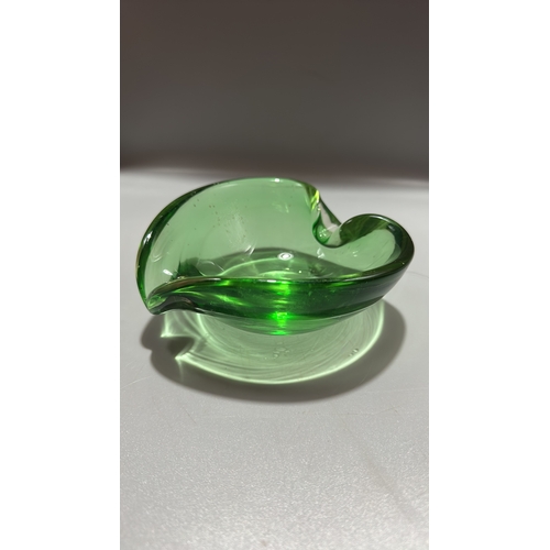 147 - Hand-blown heart-shaped green art glass dish with biomorphic folded rim, likely Murano, Mid-Century.