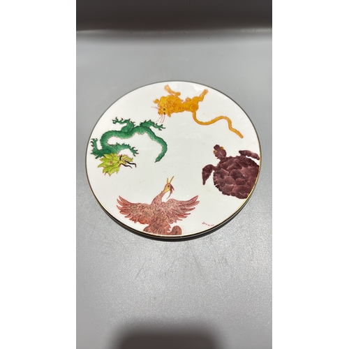 151 - Porcelain dessert plate with polychrome hand-painted Chinese “Four Symbols” – dragon, tiger, phoenix... 