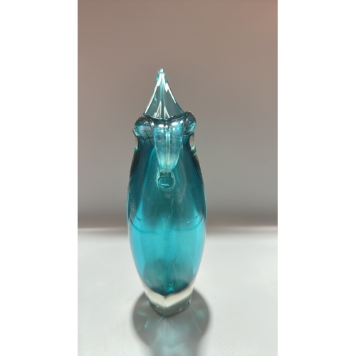 159 - Turquoise sommerso art glass piece comprising a sculptural pitcher with elongated spout and integral... 