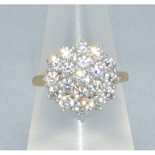 95 - 9ct gold ladies clear stone large cluster cocktail ring size Q 3.7grams