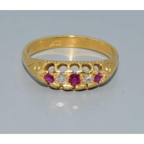 136 - 18ct gold vintage ladies gypsy set Diamond and Ruby dress ring size M. 3.2grams