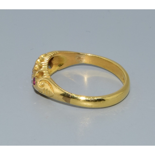 136 - 18ct gold vintage ladies gypsy set Diamond and Ruby dress ring size M. 3.2grams