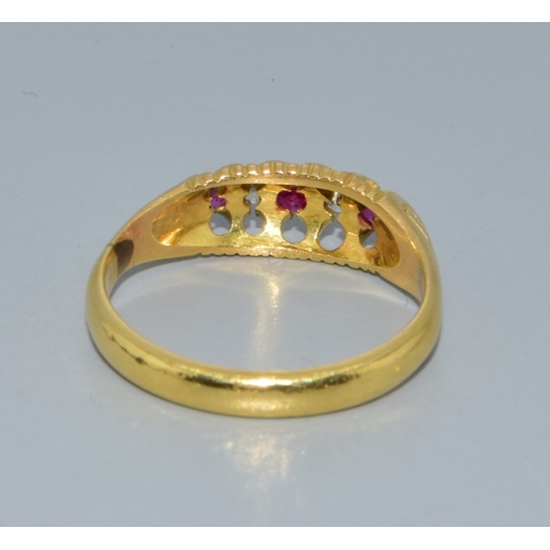 136 - 18ct gold vintage ladies gypsy set Diamond and Ruby dress ring size M. 3.2grams