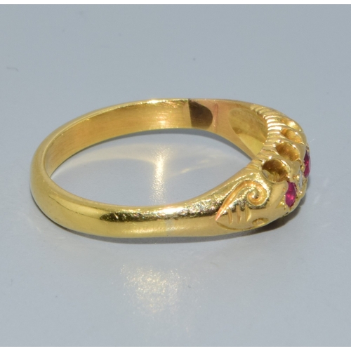 136 - 18ct gold vintage ladies gypsy set Diamond and Ruby dress ring size M. 3.2grams