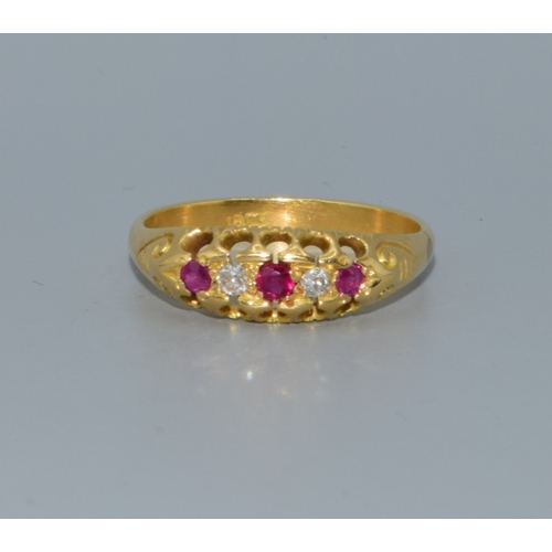 136 - 18ct gold vintage ladies gypsy set Diamond and Ruby dress ring size M. 3.2grams